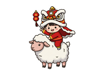 赤い衣装を着た子供がヒツジに乗り獅子舞をしている透明な背景のアジアのお祝い