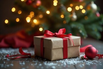 A beautifully wrapped Christmas gift sits under a decorated tree , green, red