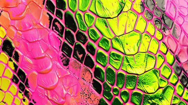 Abstract artistic pattern background of snake skin texture in neon pink, black and bright green colors with geometric scales
