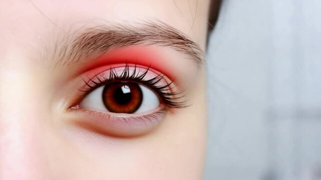 Woman with red irritation in her eye looking in pain on plain white background, symptoms of eye pain, eye scratch or medical eye problems