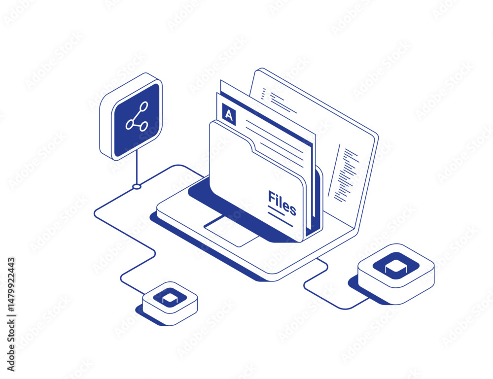 Poster folder share concept with laptop showing documents and files with share icon symbolizing data transf