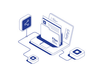 Folder share concept with laptop showing documents and files with share icon symbolizing data transfer in isometric line contour vector illustration.