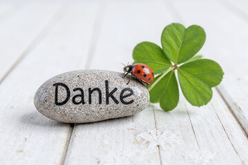 ladybug sitting on top of a rock next to a four leaf clover