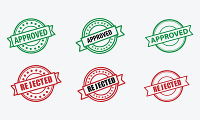 set of stamps. Approved and Rejected Stamps, Red and Green Circular. Seals with Ribbon and Stars Illustration, Vector Style on White Background
