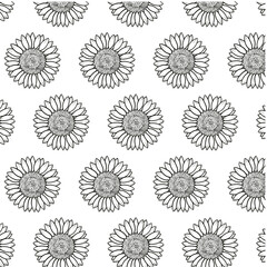 Sunflower or Helianthus annuus flower Seamless Pattern Hand drawn vector line art, Black and White Flower isolated in white. Beautiful design for textile, wallpaper, wrapping paper and backgrounds