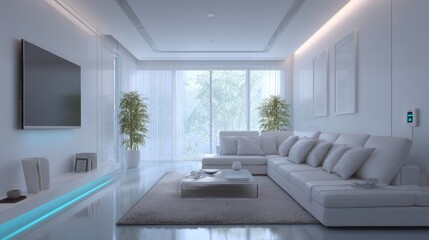 Fototapeta premium Modern Minimalist Living Room Interior Design: Serene White Space with Ambient Lighting