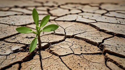 A dry, cracked desert floor with a single green plant sprouting 