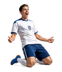 Excited soccer player celebrating his goal while sliding on his knee