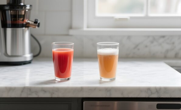 Cold Press vs Centrifugal Juicer Comparison Showing Quality Difference in Fresh Juice Colors and Textures
