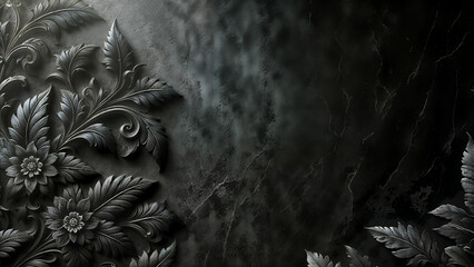 Leaves, flowers on black wall, black background.