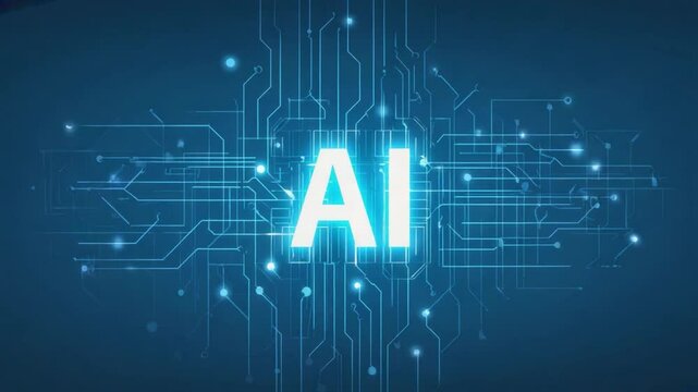 Glowing AI letters surrounded by futuristic digital circuit lines on blue background. Modern tech concept symbolizing artificial intelligence, innovation, and digital transformation