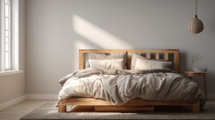Sunlit Bedroom with Wooden Bed and Neutral Tones
