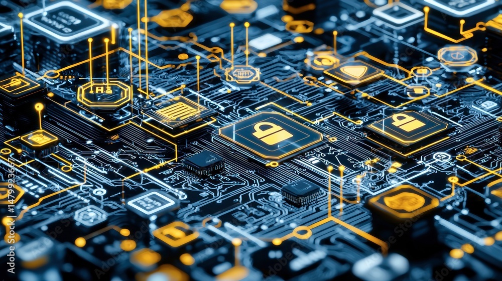 Poster complex digital network design with security symbols.