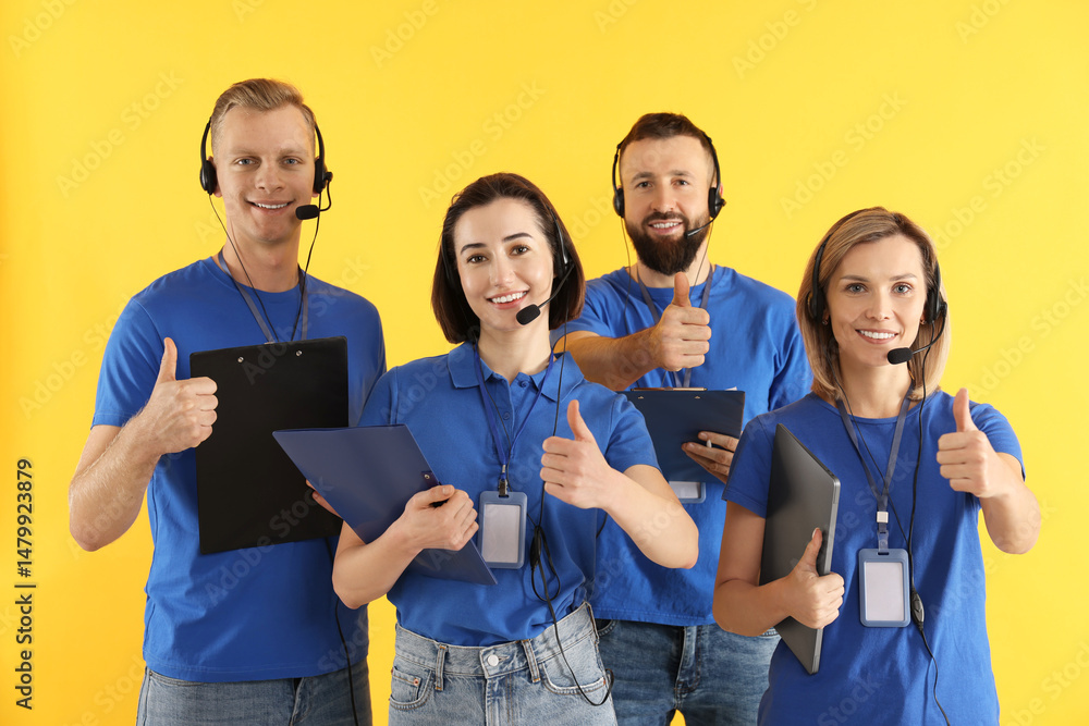 Poster technical support call center. team of friendly operators showing thumbs up on yellow background