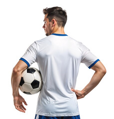 Plakat Male soccer player facing back with hands on hips holding a ball, isolated background