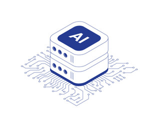 Artificial intelligence cloud server with circuit board tracks and data flows showing information processing in isometric line contour vector illustration.