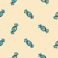 Candy in a wrapper. Caramel. Lollipop. Seamless pattern for wrapping paper, background, textile. Vector illustration for print, sticker, icon.