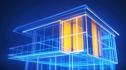 Wireframe rendering of a modern, glass-heavy house design, showcasing its structure and features
