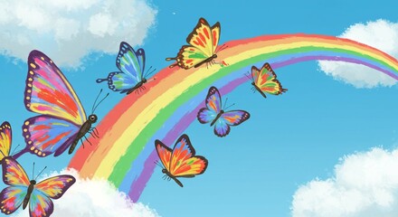 Colorful Butterflies Flying Over a Vibrant Rainbow in a Sunny Sky