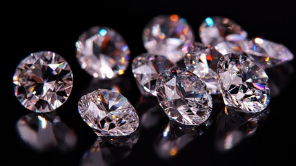 Sparkling diamonds arranged on a black surface.