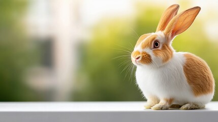 Close-up of a realistic brown and white rabbit sitting on a white surface outdoors with a blurred green background showcasing nature and sunlight