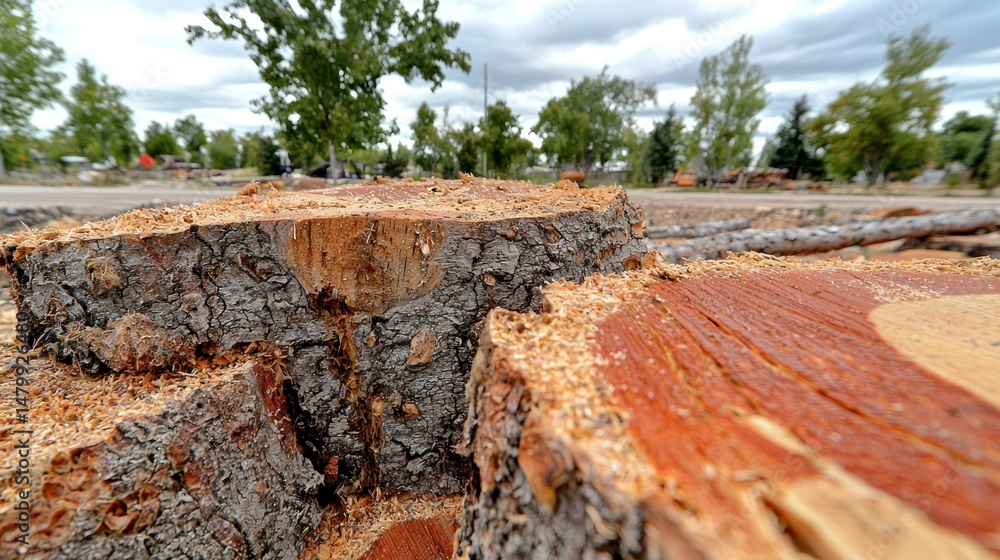 Poster close-up view of a freshly cut tree stump with surrounding debris.