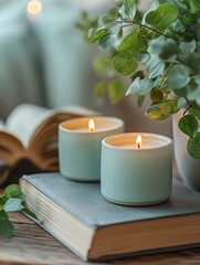 Cozy candles on a book with greenery background.
