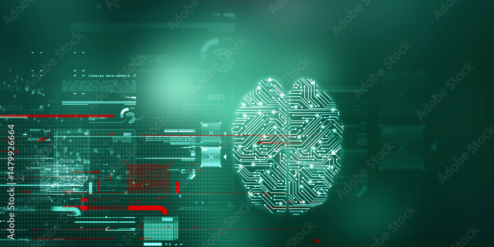 Poster 2d illustration concept of thinking, background with brain, abstract artificial intelligence. techno