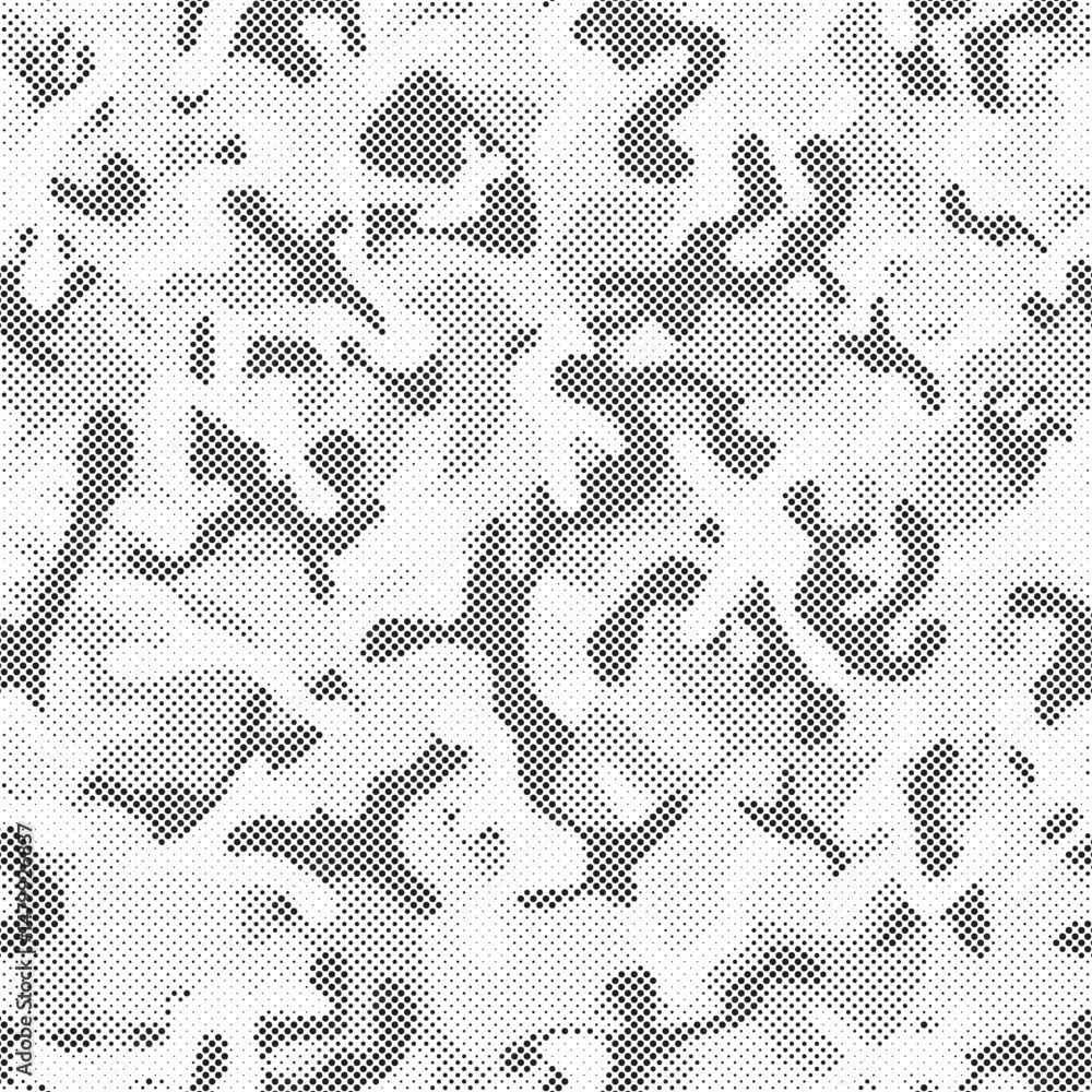 Poster Abstract halftone seamless camouflage pattern. Repeating digital dotted hexagonal camo military texture background. Abstract modern fabric textile ornament. Vector illustration.