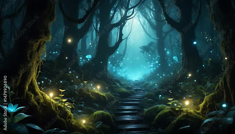 Poster a mystical forest path illuminated by glowing flora and soft blue light beckons exploration forward.