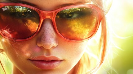 Close-up portrait of a young woman with freckles, wearing bright orange sunglasses, bathed in sunlight