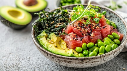Colorful tuna poke bowl