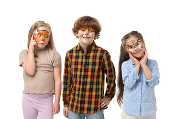 Group of kids with colorful face paintings on white background