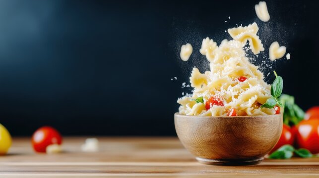 Freshly grated cheese cheese curds falling into a wooden bowl with cherry tomatoes and basil on a kitchen countertop with a dark background - Powered by Adobe