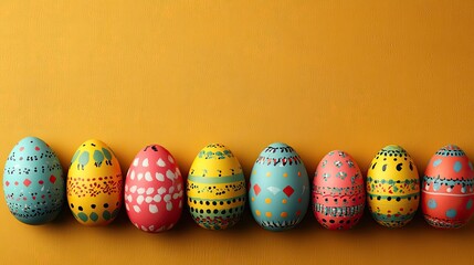 Colorful painted Easter eggs on yellow background