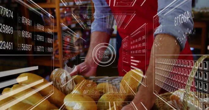 Bakery worker arranging fresh bread behind counter, projecting holographic panels showing charts