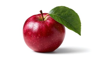 A vibrant, crisp, red apple and its green leaf.