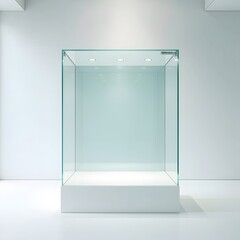 Modern transparent glass display case on white pedestal with natural light, minimalist gallery environment for art exhibition
