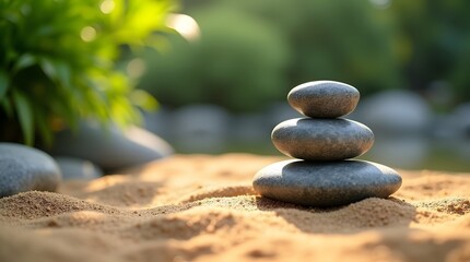 Obraz premium A serene stack of smooth gray stones on sandy ground, surrounded by soft greenery, evoking peace and tranquility.