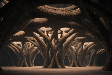 Unique interior of a large, tubular space filled with intricate tree-like structures illuminated by soft light