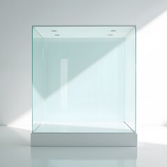 Transparent glass showcase with sleek modern design on white pedestal in bright museum gallery, natural daylight illumination