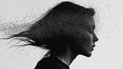 Monochrome profile of a woman, her hair and face dissolving into particles, suggesting disintegration or transformation