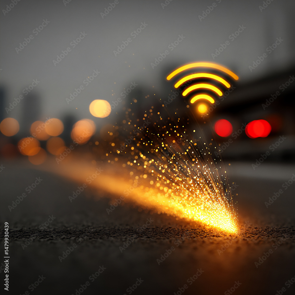 Poster a digital art composition featuring a small, faintly glowing yellow wi-fi signal icon with fragmente