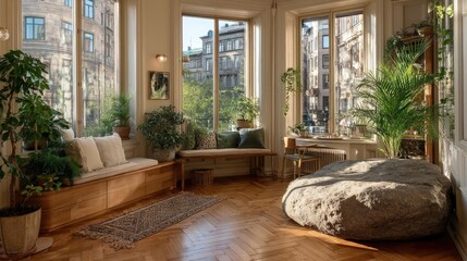 Scandinavian interior design with large windows and plants in a cozy apartment environment