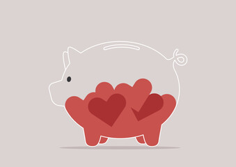 A playful piggy bank showcases an array of red hearts packed inside, representing the nurturing of emotional wealth and personal connections