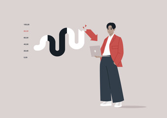 A professional individual stands confidently holding a laptop, engaged in an infographic presentation showing an arrow pointing down