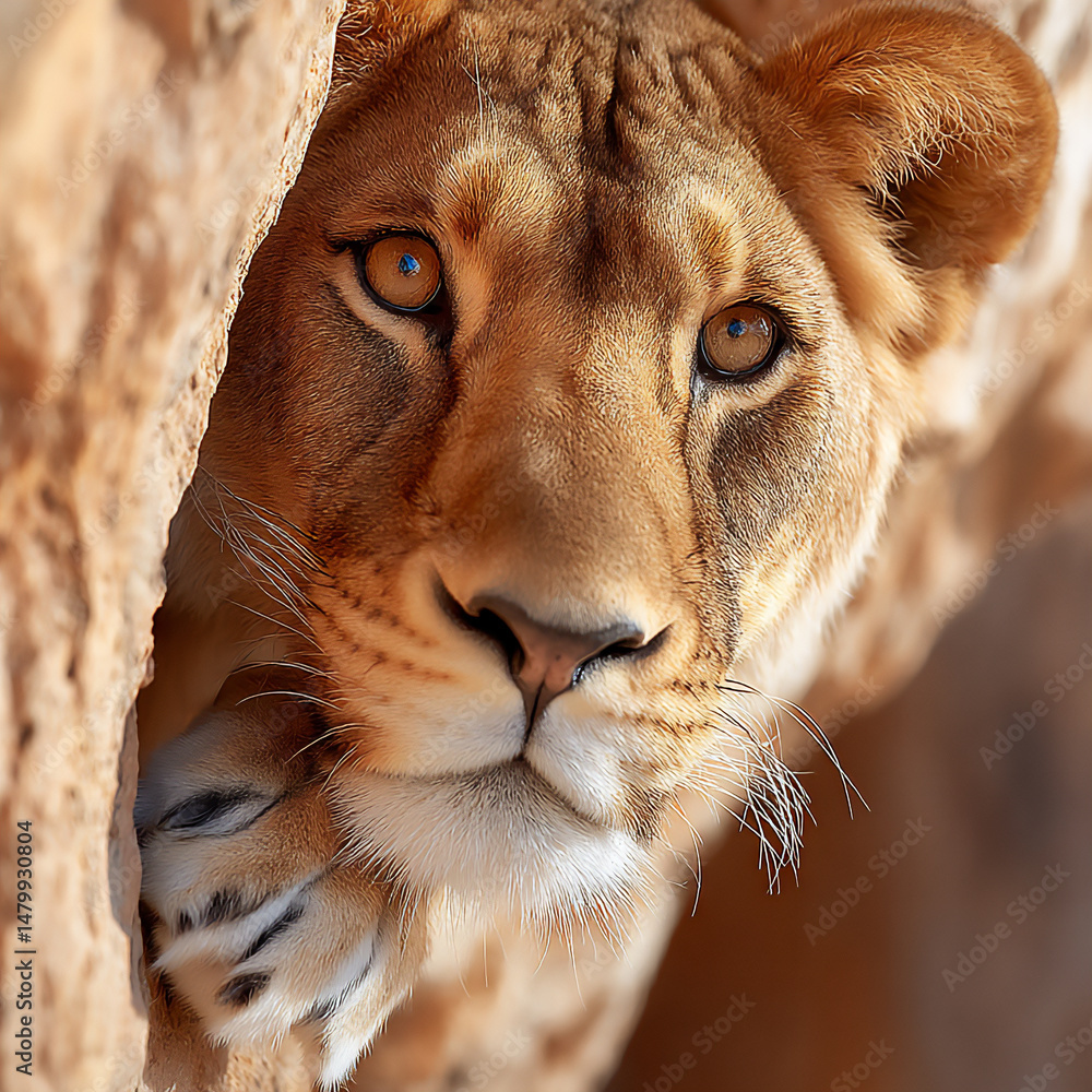 Poster a macro photograph of a lion's sharp claws extended on a rough tree bark, showcasing their texture a
