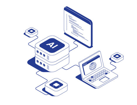 AI Assistant for Programmer Concept. Laptop Connected to Artificial Intelligence Server with Browser Window Showing Code Isometric Line Contour Vector Illustration