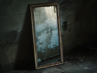 Eerie reflection: An antique mirror resting in a dilapidated, abandoned space