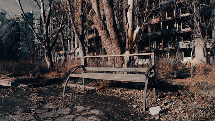ruined street and destroyed houses the city war in Ukraine